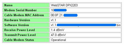 Pagina de monitorizare System - Modem WebStar DPX2203